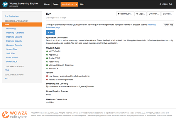 wowza streaming engine manager live app