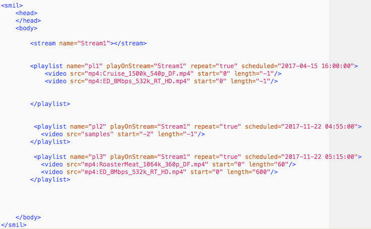 Video and live stream playlist SMIL file code