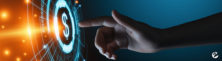 finger pointing at digital and technological looking dollar sign