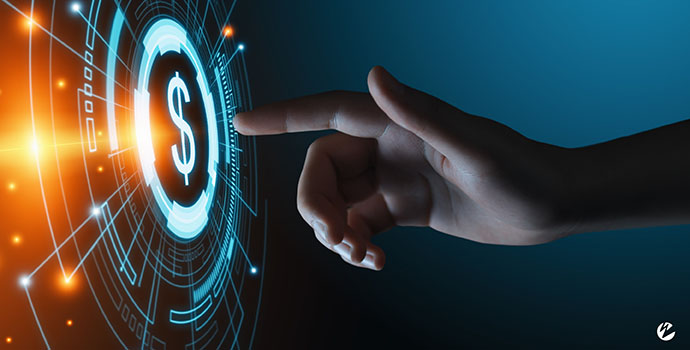 finger about to touch dollar sign that looks digital and technological