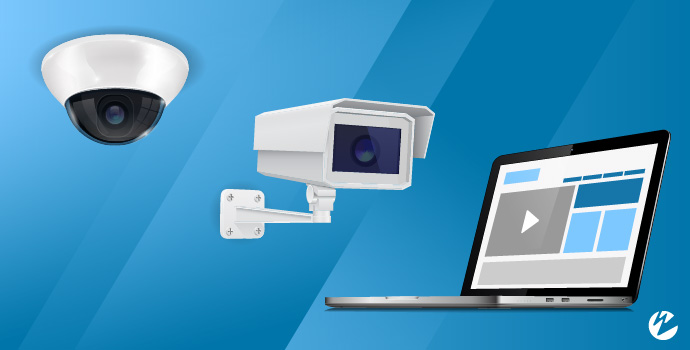 IP cameras and a laptop screen with web browser opened to a video player