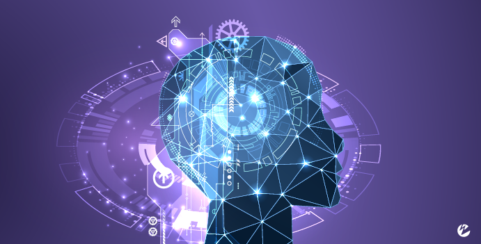 A profile view of a human face with network-looking graphics overlaid, as well as graphs and charts.