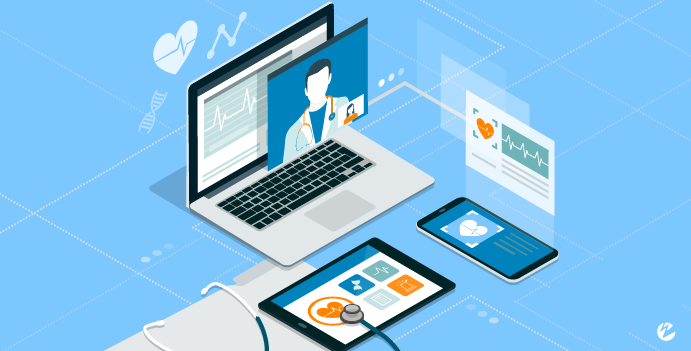 A laptop, tablet, and smart phone all depicting different telehealth use cases including virtual doctor appointments and remote patient monitoring.
