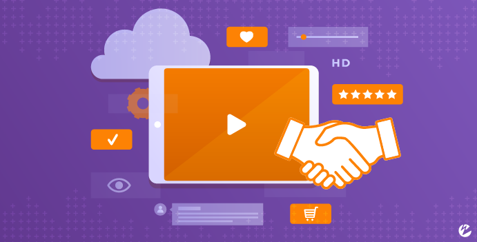 A collection of icons on a purple background, including a cloud, a tablet with a video play button, two hand shaking, a five-star rating, and a user comment box.