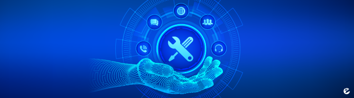 A digital hand holding a icon with a tool set surrounded by support-themed icons such as a chat message, phone call, etc.