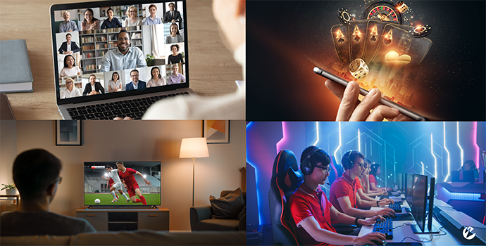 Three different use cases are depicted that require low latency: a person watching a live sports game, egamers using streaming to compete, and live betting via virtual gambling services.