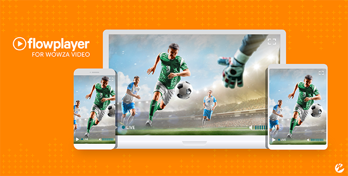 A live stream of a football/soccer game playing back on a smartphone, desktop monitor, and tablet.