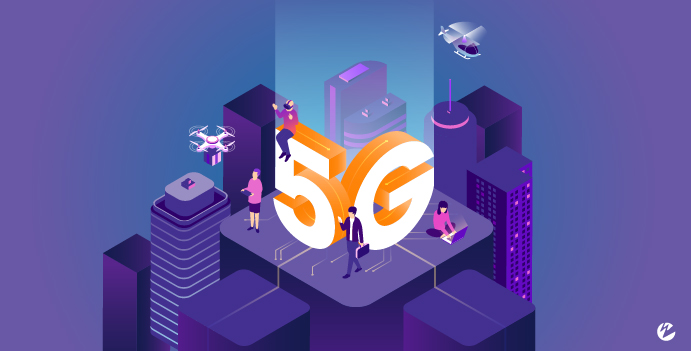 Graphic of a smart city with mobile users, an autonomous drone, viewer of a live stream, and a person wearing a VR headset with the text 5G.