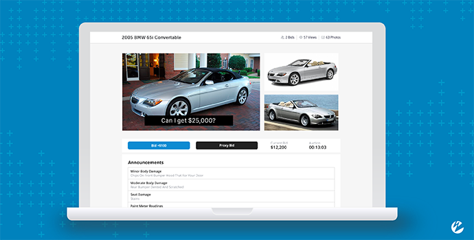 A browser with a live streaming car auction using closed captioning for those without audio turned on.