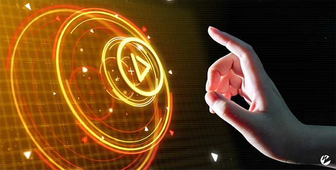 A finger pressing play on an abstract graphic with a play icon.