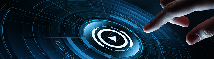A hand pressing a touch screen with a play video icon to watch a live stream.
