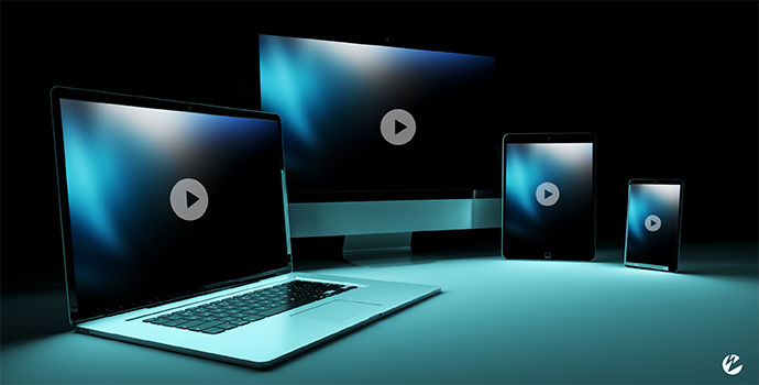 Multiple different screens — including a laptop, smart TV, tablet, and mobile phone — with a play video button.