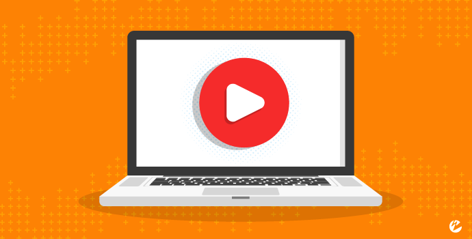 An image of a laptop with a play button on the screen with an orange background.