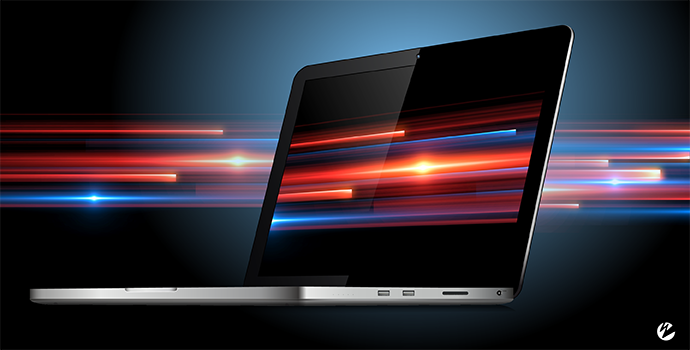 A laptop with graphics representing real-time streaming data delivery.