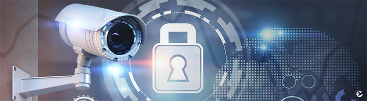 IP camera with digital-looking padlock to represent secure video streaming.
