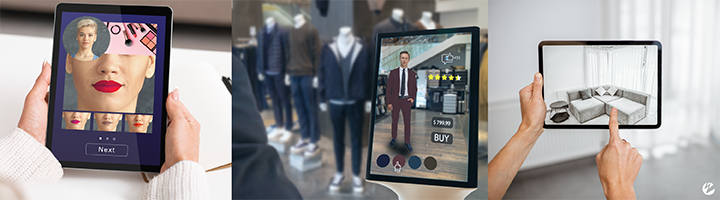 Three examples of shoppable video, including a live makeup tutorial via video chat, an in-store AR application for trying on clothing, and the use of AR technology to project furniture into a space in your house.