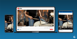 A live stream of a music event broadcasting simultaneously on YouTube, Facebook, and Instagram, as shown across a mobile device, laptop, and tablet.