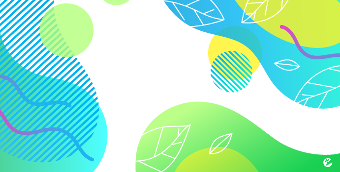 Squiggly lines and abstract colorful shapes with the outlines of leaves.