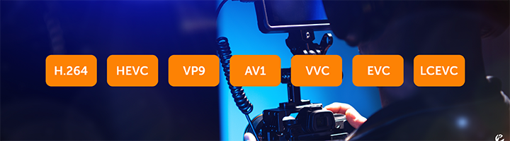A video producer with a list of video codecs overlaying the image, including H.264, HEVC, VP9, etc.