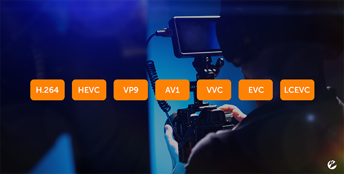 List of video codecs over blue background with a camera