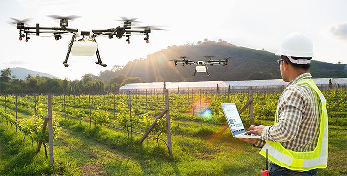 An agriculture professional operating a streaming-enabled drone for crop surveillance.