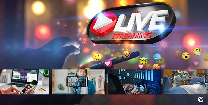An image with a 'live streaming' sign and different use cases like sports betting and analytics.