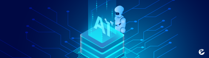 Robot looking at hologram AI letters graphic