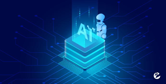Robot looking at hologram AI letters graphic