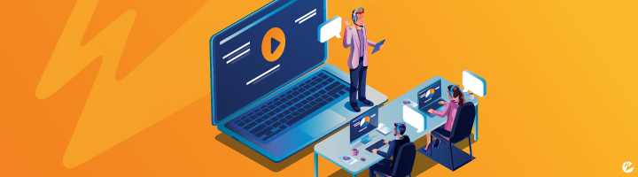 Animated image of an instructor standing on a laptop with a play button on the screen and remote viewers depicted before their laptops as though watching the webinar presentation.