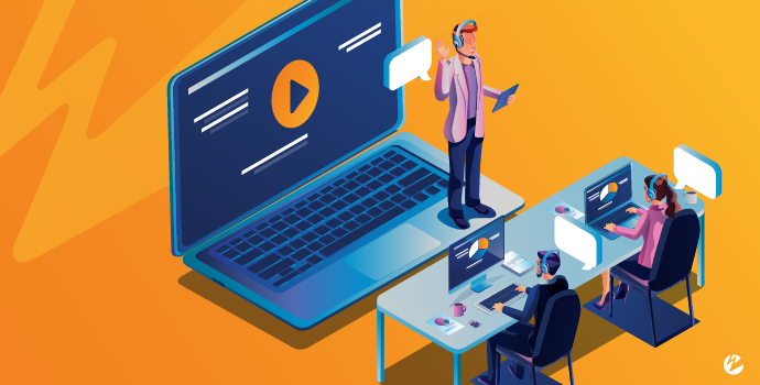 Animated image of an instructor standing on a laptop with a play button on the screen and remote viewers depicted before their laptops as though watching the webinar presentation.
