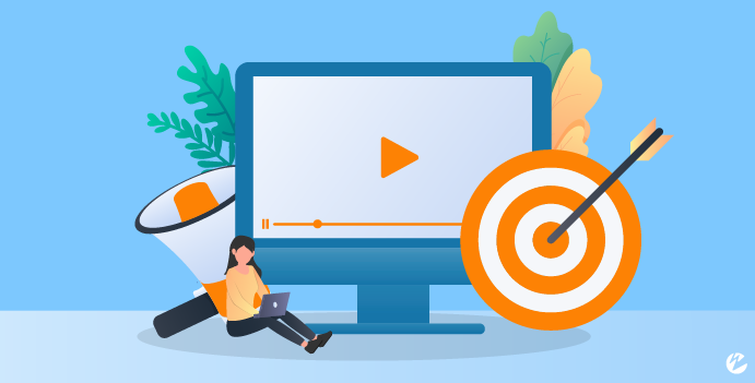 Graphic depicting a video screen, a bullseye target, a megaphone, and a person using a laptop