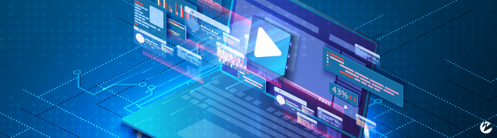 A graphic with a laptop and different applications overlaid including a video player, analytics dashboards, and code snippets.