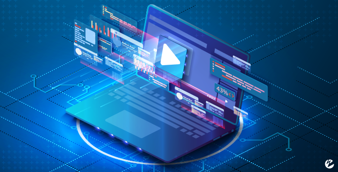 A graphic with a laptop and different applications overlaid including a video player, analytics dashboards, and code snippets.
