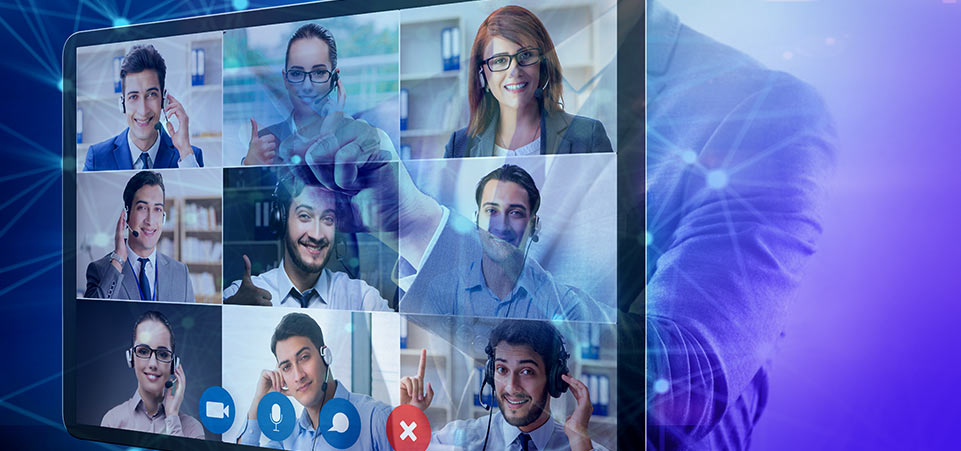 A remote business meeting with nine individuals participating in a live video stream.
