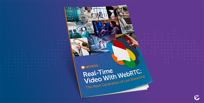 A thumbnail of a report titled 'Real-Time Video With WebRTC: The Next Generation of Live Streaming' with photographs of interactive video experiences like digital fitness and telehealth, overlaid by the WebRTC logo.