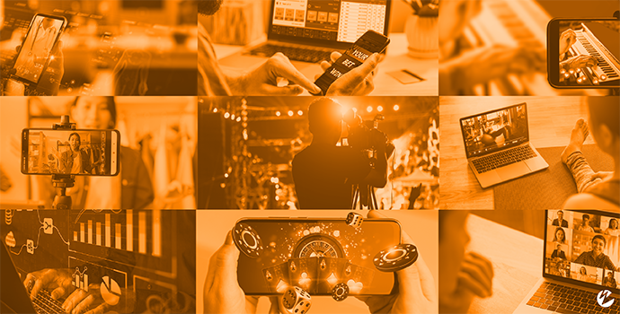 Orange-tinted collage of people using technology to create and watch videos