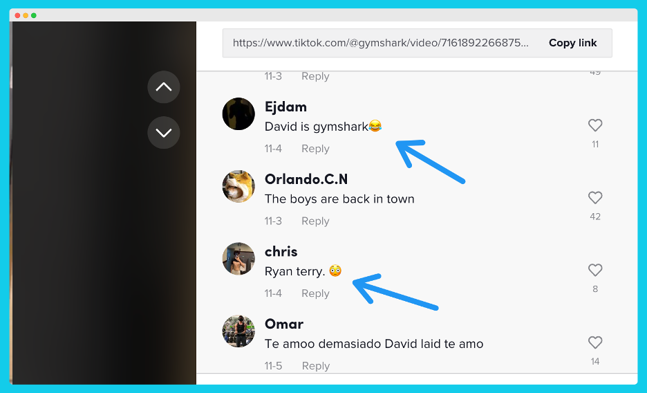 A screenshot of the comments to a GymShark TikTok video, where users are naming the people in the video.