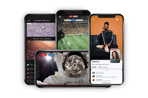 Mobile devices displaying several different video applications, including a shoppable video ecommerce app, a broadcast from space, live sports, and a traffic cam app.