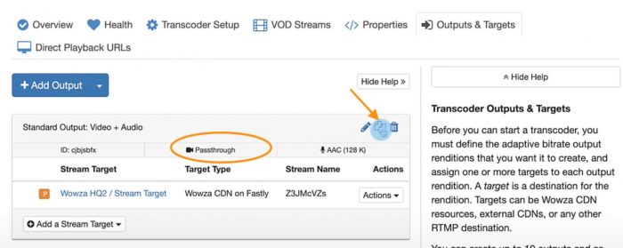 Screenshot showing where to located the passthrough transcoder and copy symbol in Wowza Streaming Cloud.