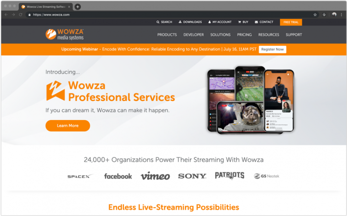 Screenshot: Wowza Homepage