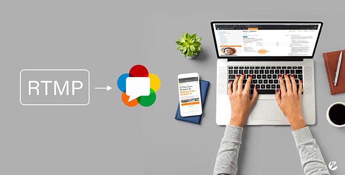 Image depicting RTMP to WebRTC streaming logos with browser-based playback