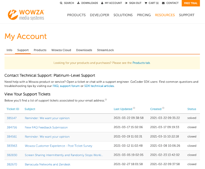 Screenshot of the Wowza Customer Portal with support tickets categorized by status, subject, and ticket ID.