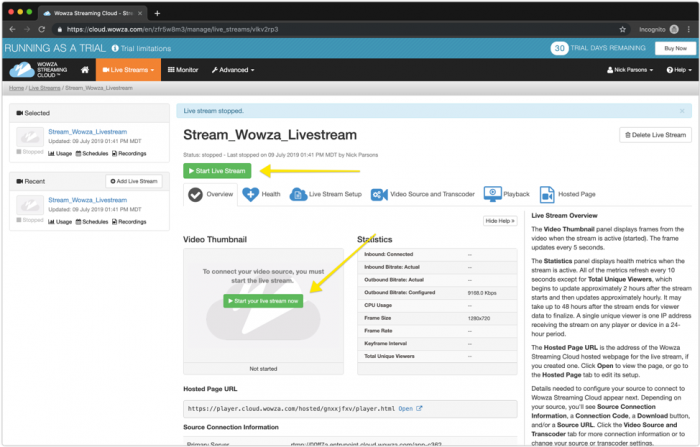 Screenshot: Start a Live Stream