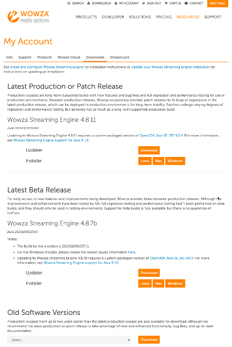 Screenshot of the Customer Portal Downloads tab where the latest production and patch releases are listed with options to install or update.
