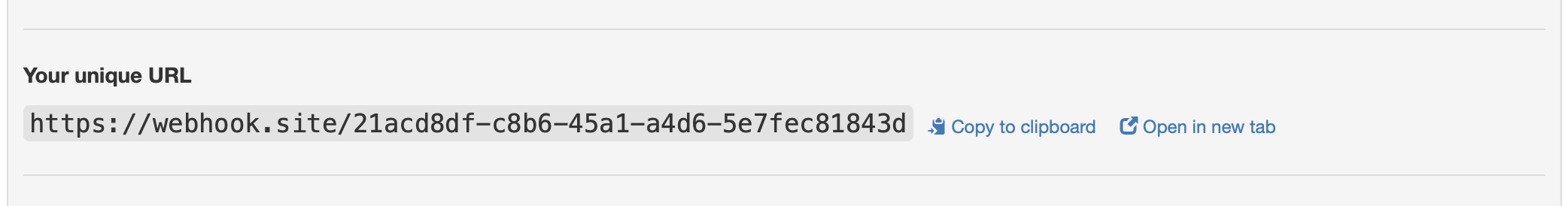 A screenshot showing a unique webhook URL generated in https://webhook.site/