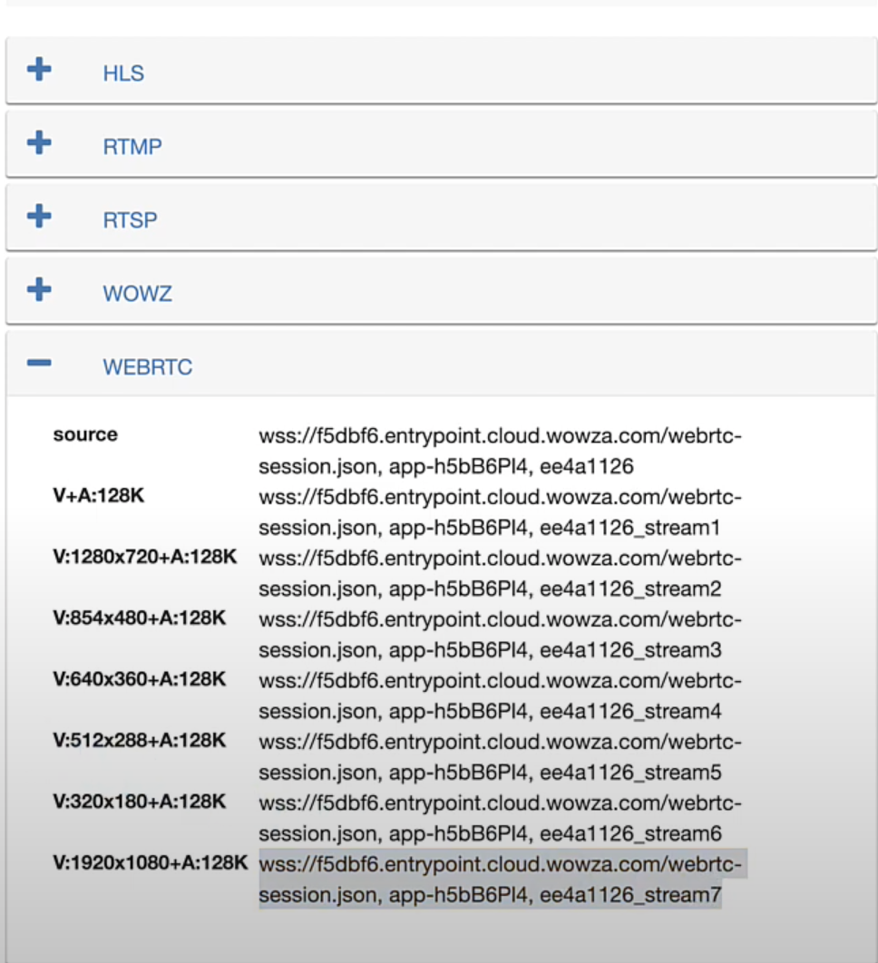 Screenshot showing how to copy the WebRTC playback URL for your live stream.