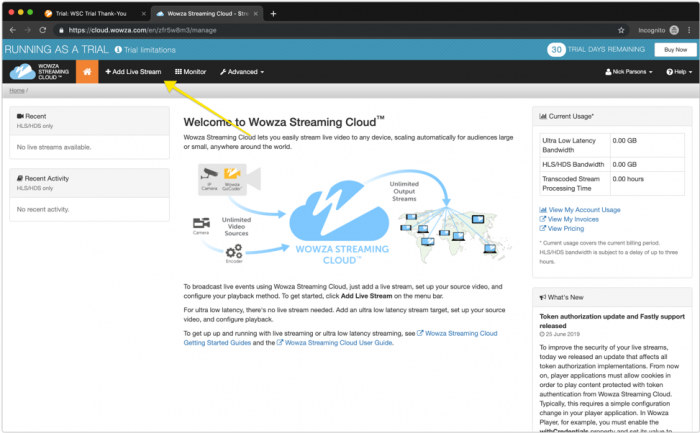 Screenshot: Wowza Streaming Cloud Portal