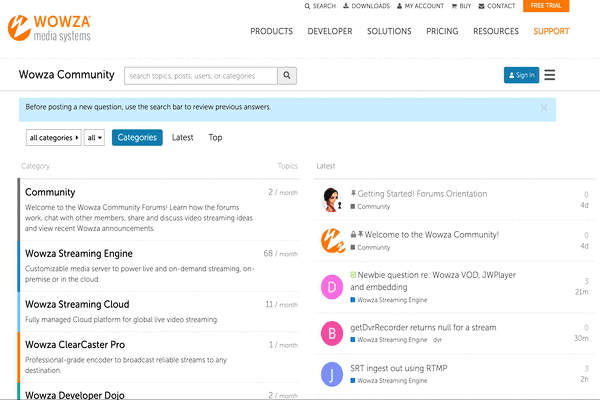 Gif showing scrolling on Wowza Community Forum homepage