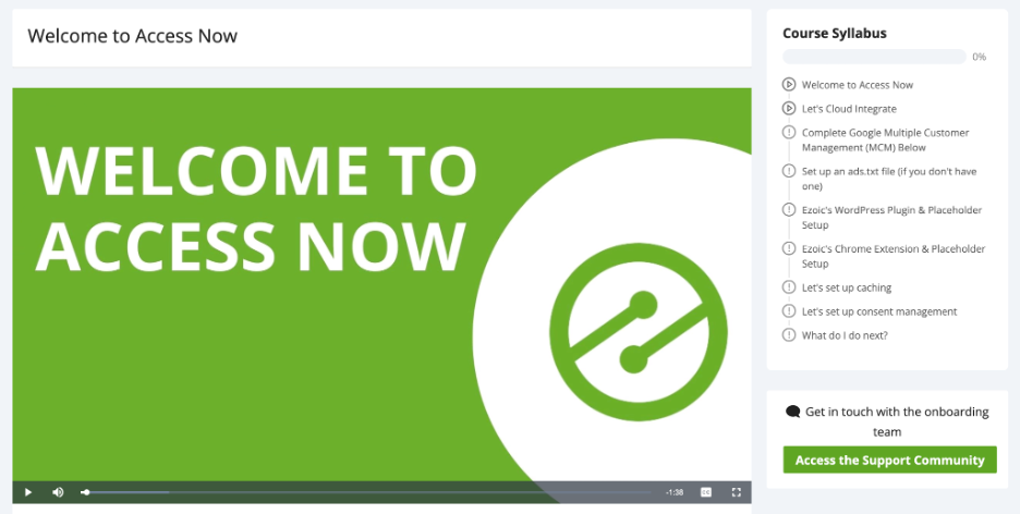 A screenshot of an onboarding page called Access Now with a course syllabus and videos for each lesson.