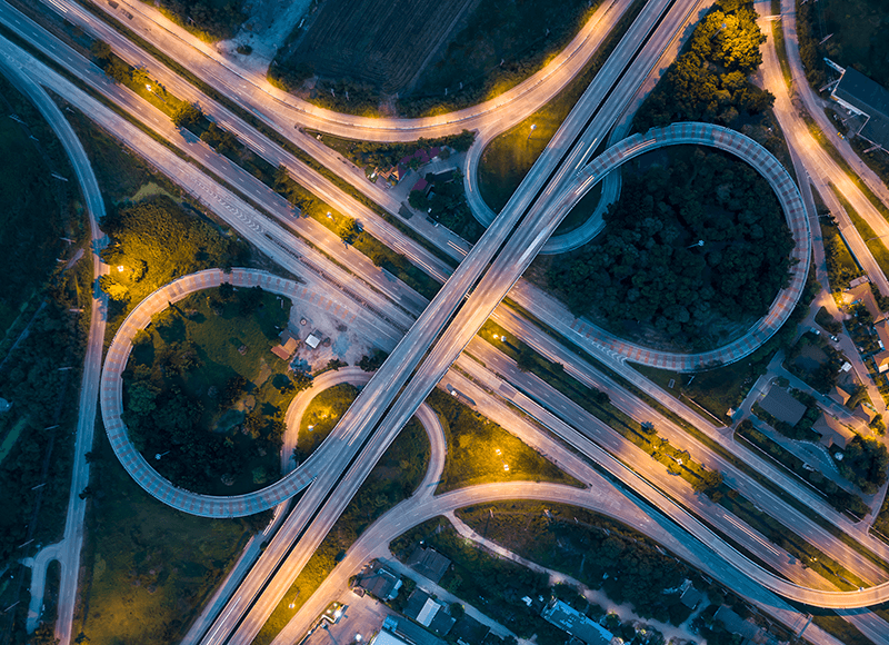 Aerial top view of highway and overpass
